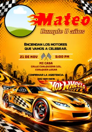 Invitación de Cumpleaños Hot Wheels Carrera Ardiente para Editar