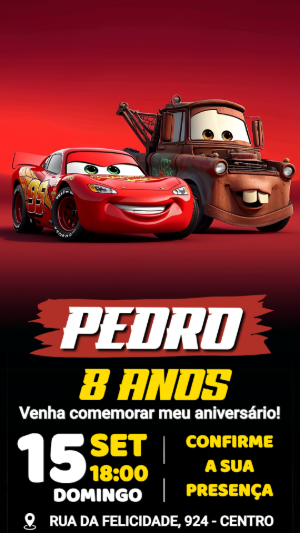 Convite de Aniversário Carros: Relâmpago McQueen e Mater Editável