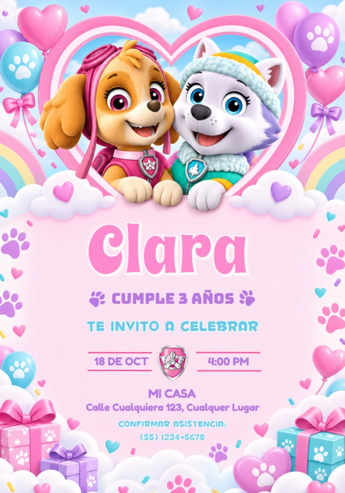 Invitación de Cumpleaños Skye y Everest en Corazón Editable Invitación de Cumpleaños Skye y Everest en Corazón Editable