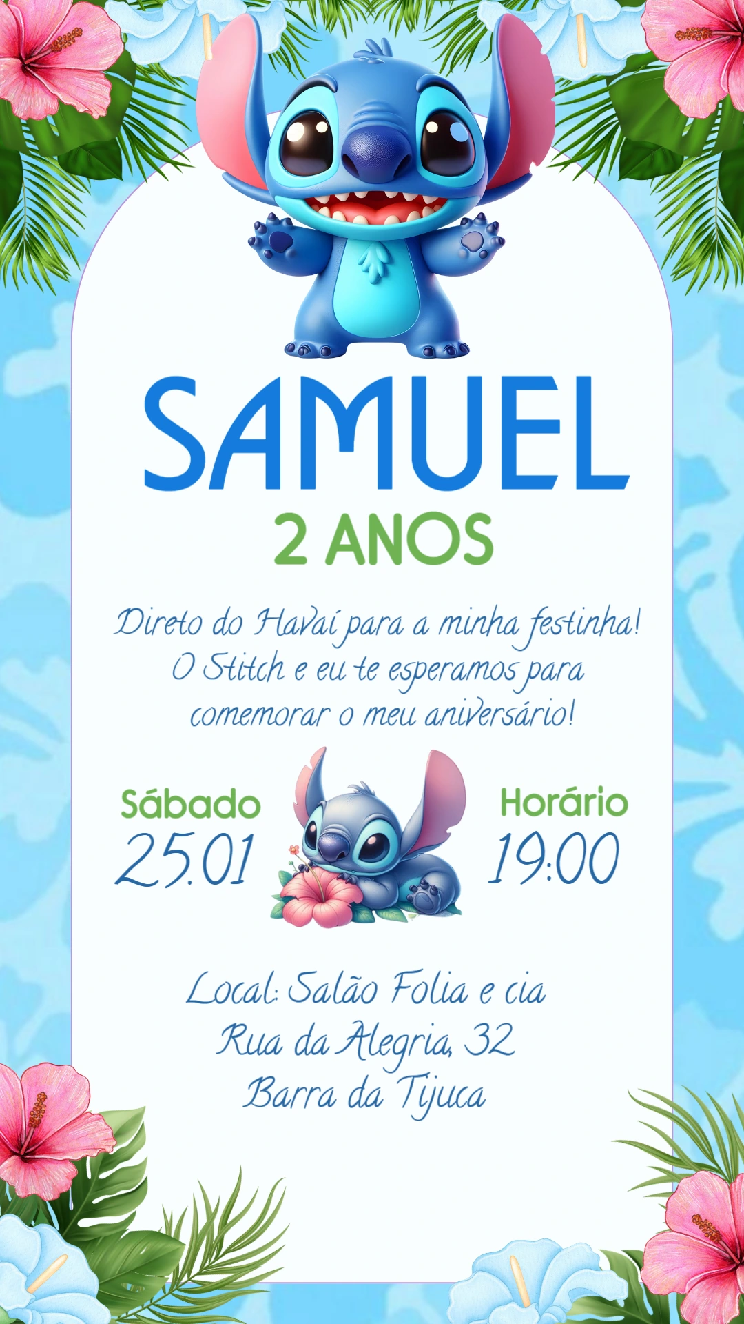 Convite de Aniversário Stitch Tema Tropical para Editar Convite de Aniversário Stitch Tema Tropical para Editar