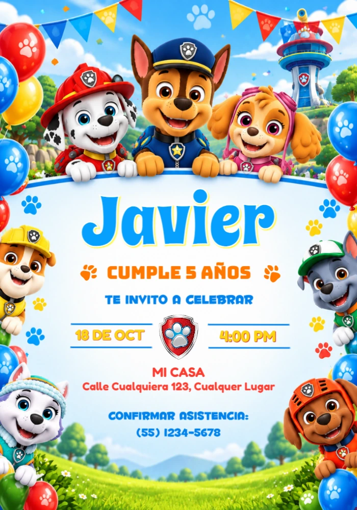 Invitación de Cumpleaños Patrulla Canina con los Cachorros para Editar Invitación de Cumpleaños Patrulla Canina con los Cachorros para Editar