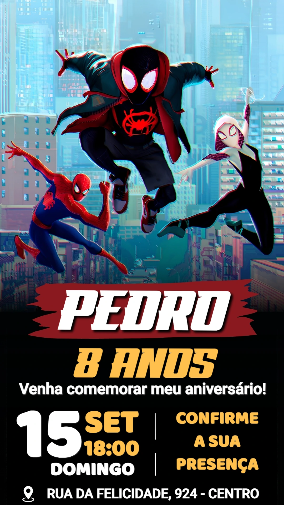 Convite de Aniversário Homem-Aranha Aranhaverso Editável Convite de Aniversário Homem-Aranha Aranhaverso Editável