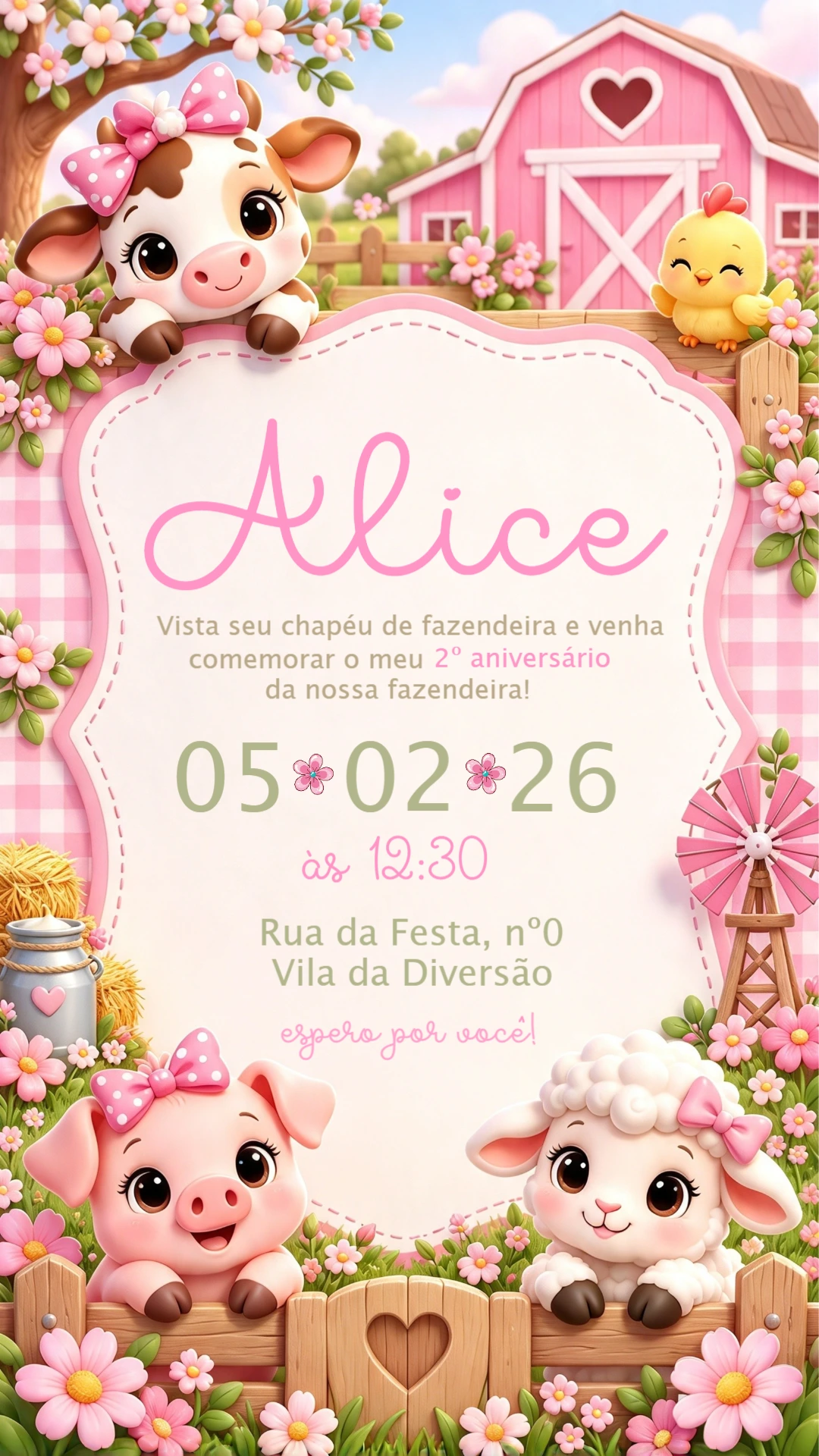Convite Editável de Aniversário Fazendinha Menina Rosa Convite Editável de Aniversário Fazendinha Menina Rosa