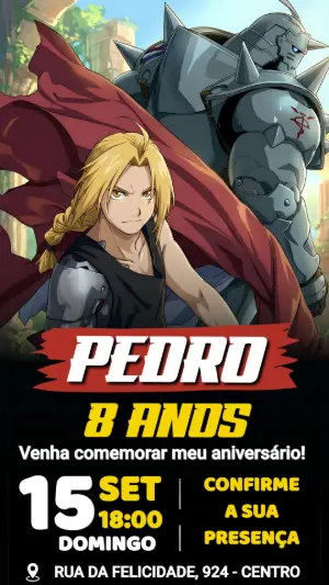 Convite de Aniversário Fullmetal Alchemist Irmãos Elric Editável