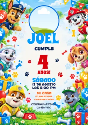 Invitación de Cumpleaños Patrulla Canina con Foto para Editar