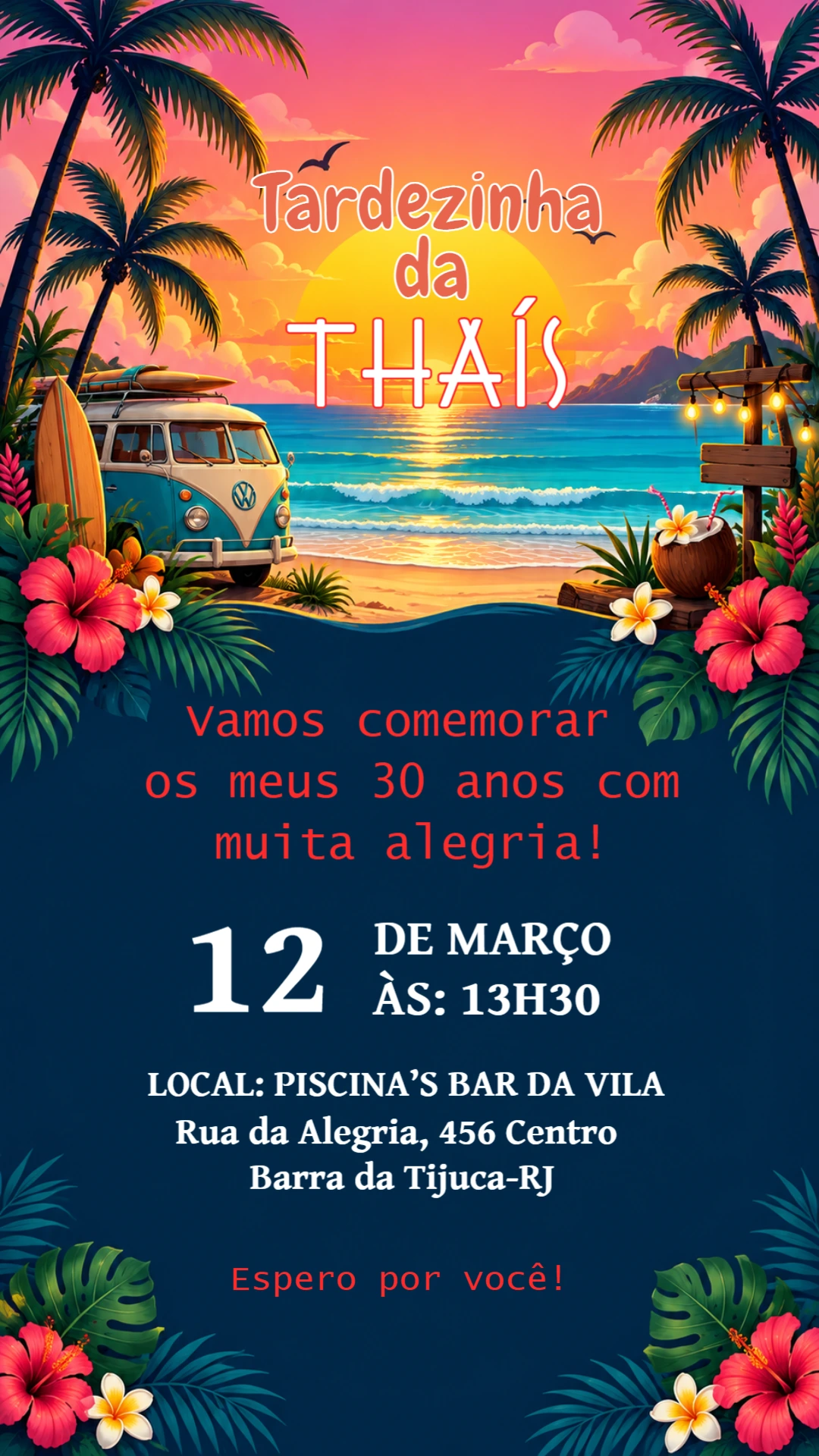 Convite de Aniversário Tardezinha na Praia Editável Convite de Aniversário Tardezinha na Praia Editável