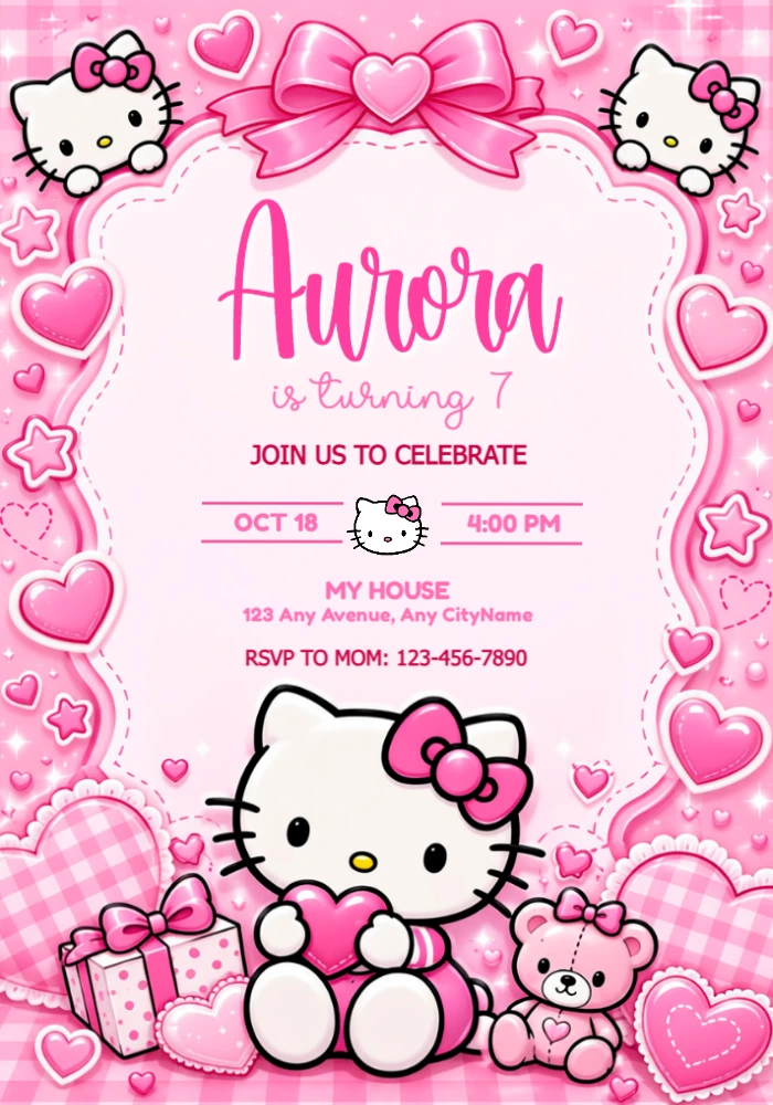 Hello Kitty Birthday Invitation | Editable Digital Template Hello Kitty Birthday Invitation | Editable Digital Template