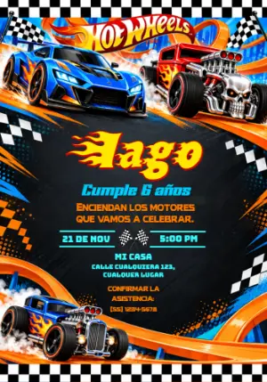 Invitación de Cumpleaños Hot Wheels Carrera Explosiva Editable