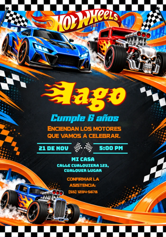 Invitación de Cumpleaños Hot Wheels Carrera Explosiva Editable Invitación de Cumpleaños Hot Wheels Carrera Explosiva Editable