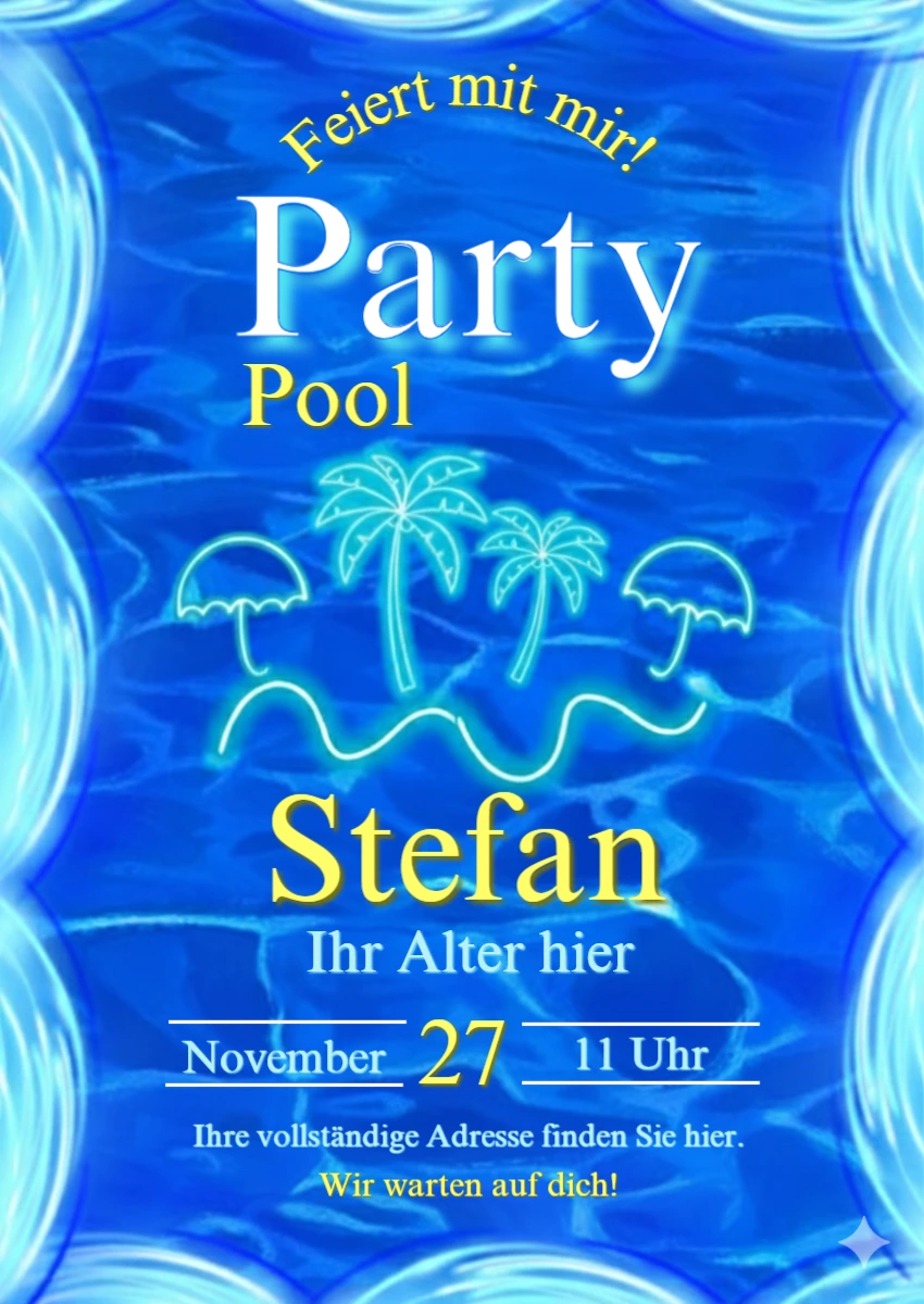 Poolparty Geburtstagseinladung | Neon-Vorlage zum Bearbeiten Poolparty Geburtstagseinladung | Neon-Vorlage zum Bearbeiten