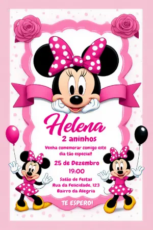 Convite de Aniversário Minnie Rosa com Laço de Bolinhas para Editar