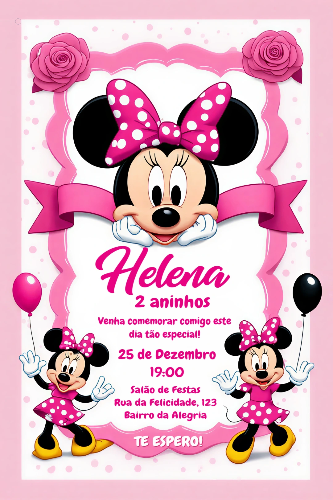 Convite de Aniversário Minnie Rosa com Laço de Bolinhas para Editar Convite de Aniversário Minnie Rosa com Laço de Bolinhas para Editar