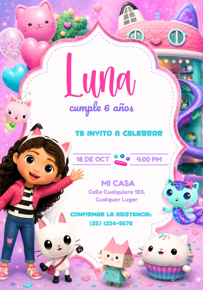 Invitación Cumpleaños La Casa de Muñecas de Gabby Editable Invitación Cumpleaños La Casa de Muñecas de Gabby Editable