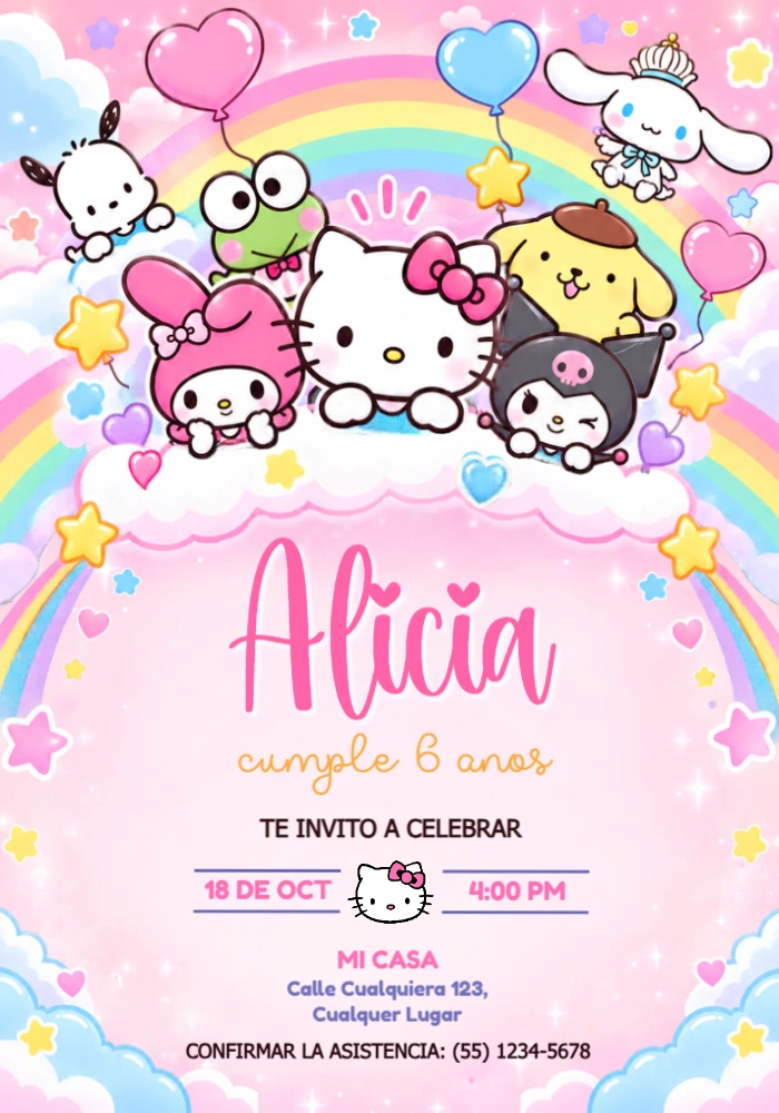 Invitación de Cumpleaños Hello Kitty y Amigos Editable Invitación de Cumpleaños Hello Kitty y Amigos Editable