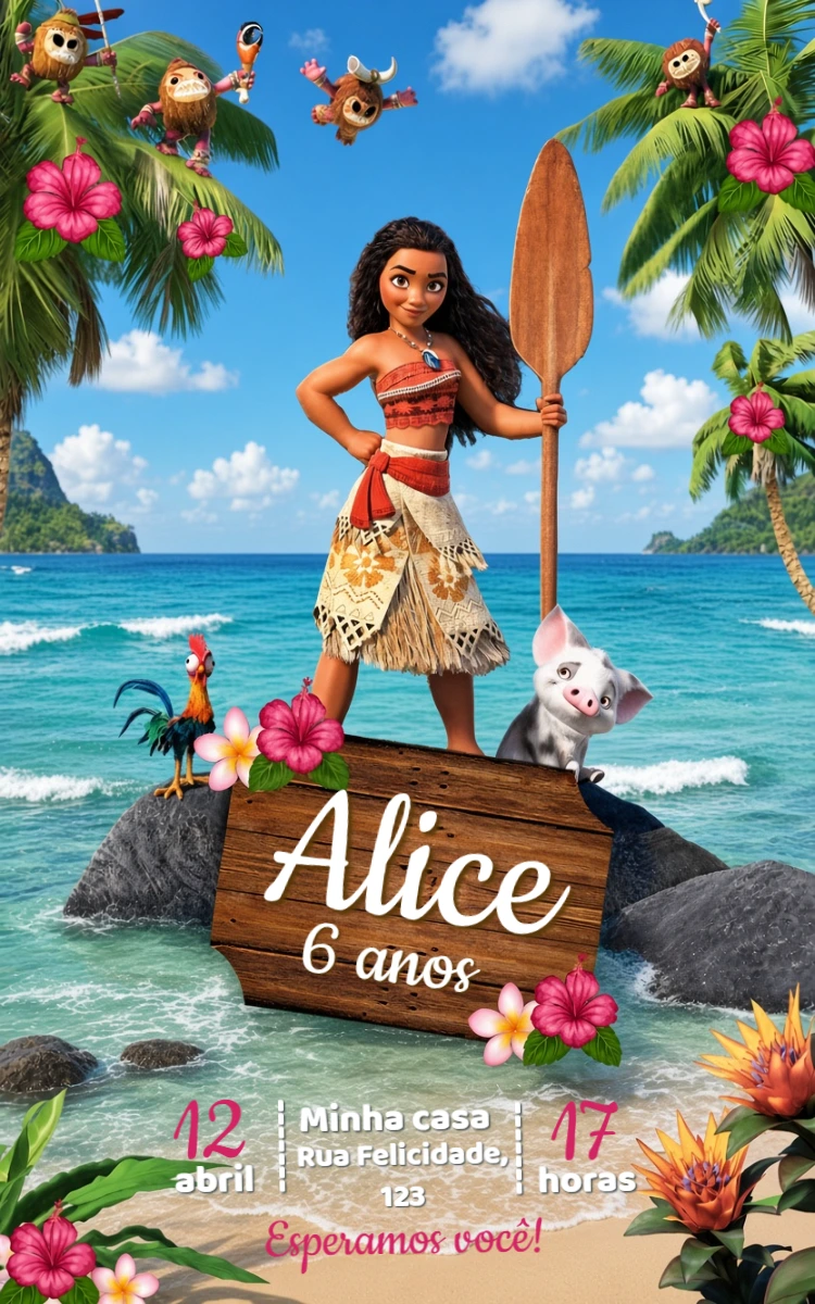 Convite de Aniversário Moana: Modelo Digital para Editar Convite de Aniversário Moana: Modelo Digital para Editar
