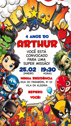 Convite de Aniversário Vingadores Baby e Heróis para Editar