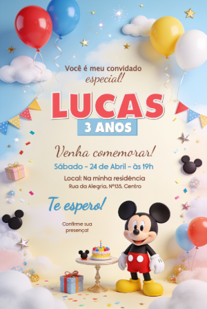Convite de Aniversário Mickey Mouse 3D | Modelo Editável