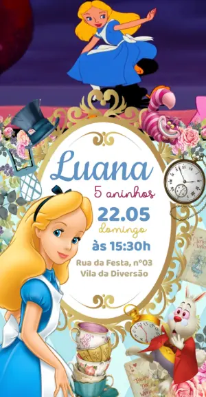 Vídeo Convite de Aniversário Alice no País das Maravilhas Editável