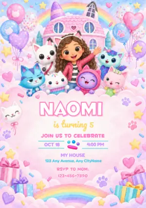 Gabby's Dollhouse Watercolor Birthday Invitation Editable Template