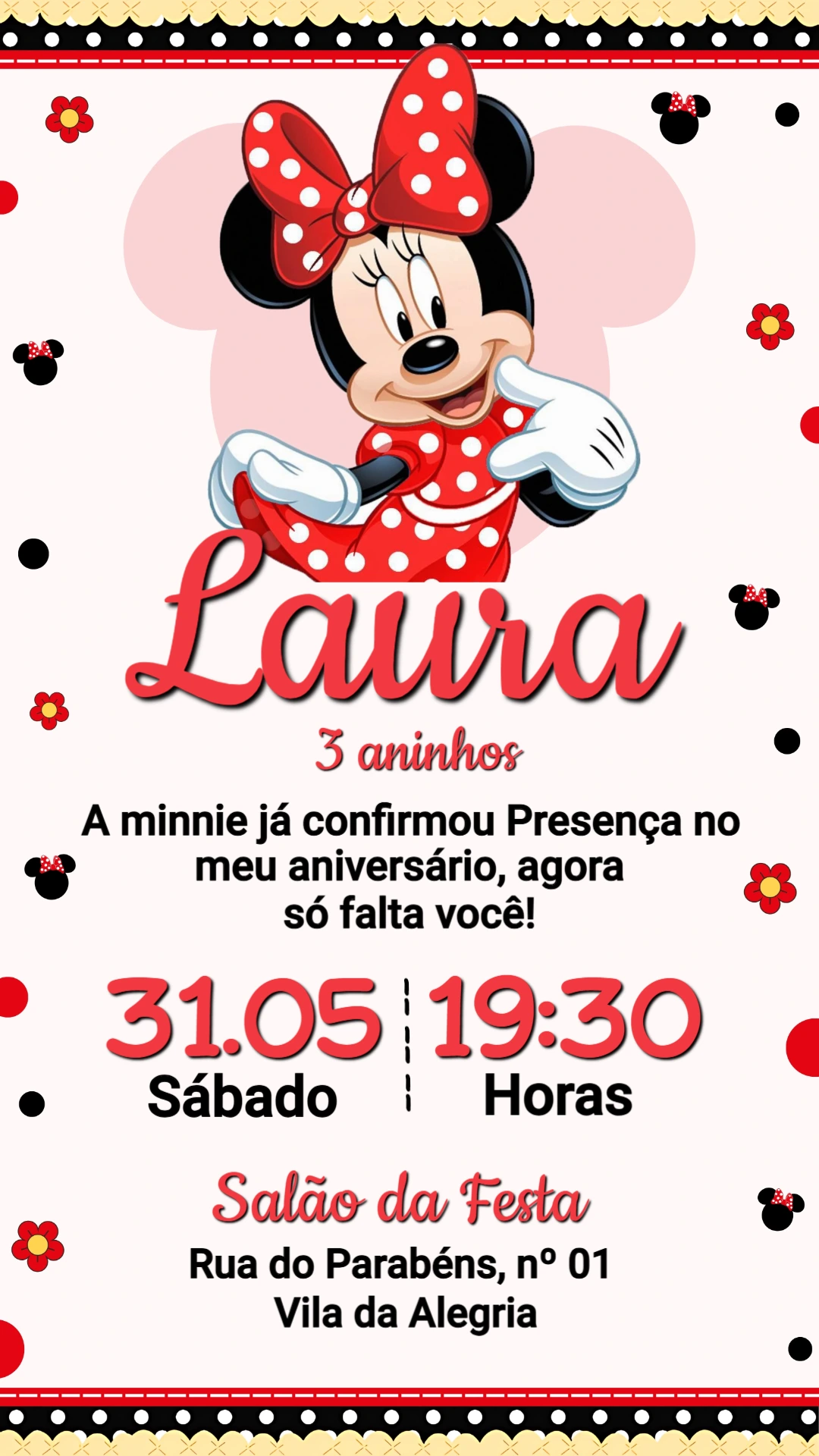 Convite de Aniversário Minnie Vermelha Editável e Digital Convite de Aniversário Minnie Vermelha Editável e Digital