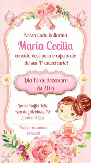 Convite Animado de Aniversário Bailarina Aquarela para Editar