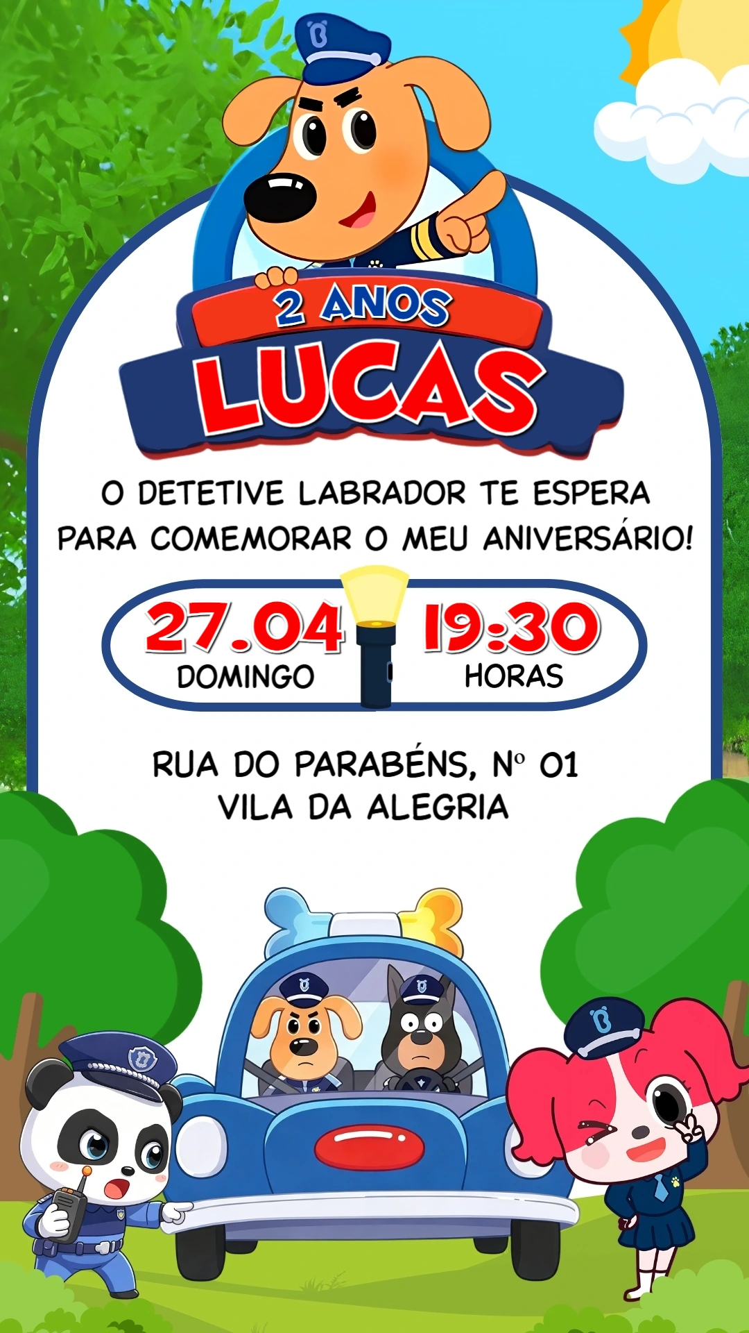 Convite de Aniversário Detetive Labrador e sua Turma para Editar Convite de Aniversário Detetive Labrador e sua Turma para Editar