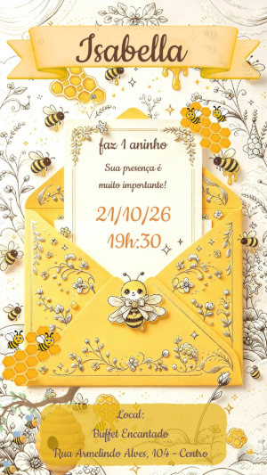 Convite Digital de Aniversário Tema Abelhinha para Editar