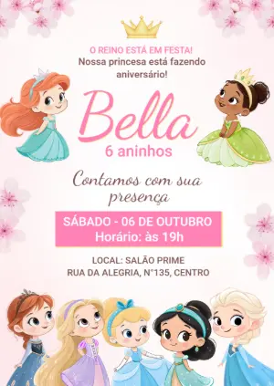 Convite Aniversário Princesas Disney Estilo Chibi para Editar