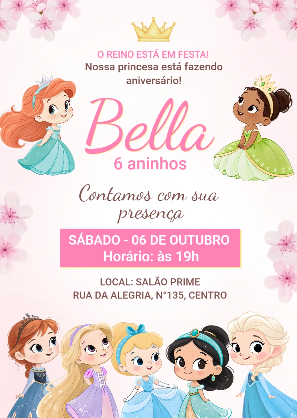 Convite Aniversário Princesas Disney Estilo Chibi para Editar Convite Aniversário Princesas Disney Estilo Chibi para Editar