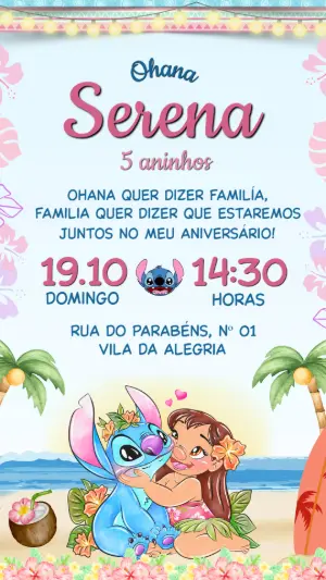 Convite de aniversário Lilo e Stitch Abraço Ohana para editar