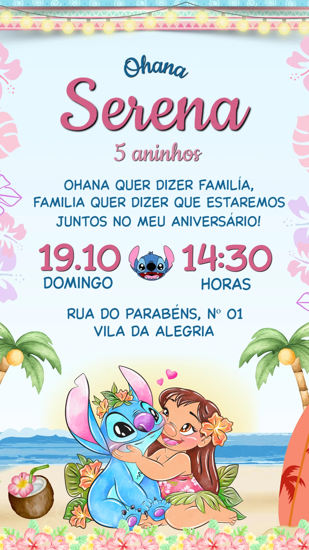 Convite de aniversário Lilo e Stitch Abraço Ohana para editar Convite de aniversário Lilo e Stitch Abraço Ohana para editar