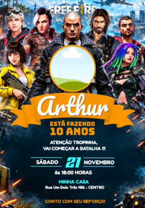 Convite de Aniversário Free Fire com Foto para Editar