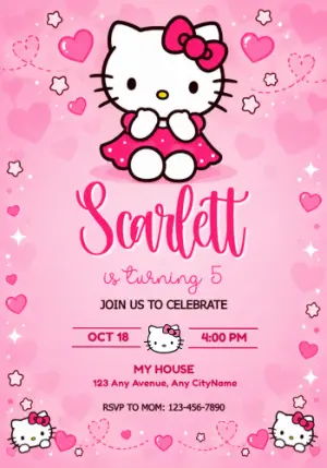Hello Kitty Birthday Invitation with Pink Hearts Editable Template