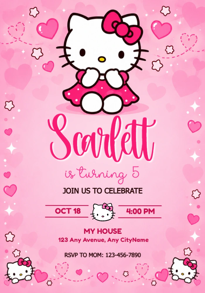 Hello Kitty Birthday Invitation with Pink Hearts Editable Template Hello Kitty Birthday Invitation with Pink Hearts Editable Template