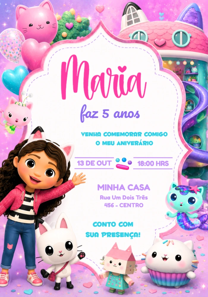 Convite Aniversário A Casa Mágica da Gabby e Amigos Editável Convite Aniversário A Casa Mágica da Gabby e Amigos Editável