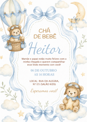 Convite Chá de Bebê Ursinho Aviador para Editar Online