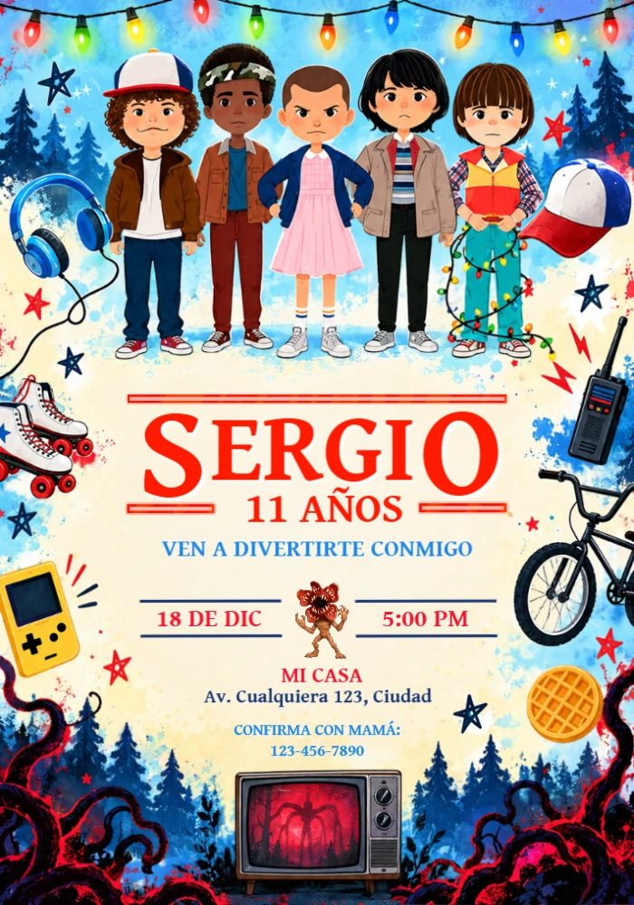 Convite de Aniversário Stranger Things com Personagens para Editar Convite de Aniversário Stranger Things com Personagens para Editar