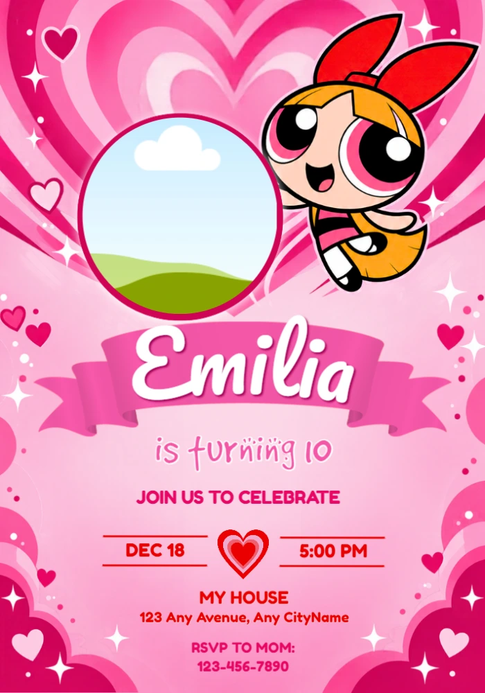 Powerpuff Girls Blossom Birthday Invitation with Photo | Editable Powerpuff Girls Blossom Birthday Invitation with Photo | Editable