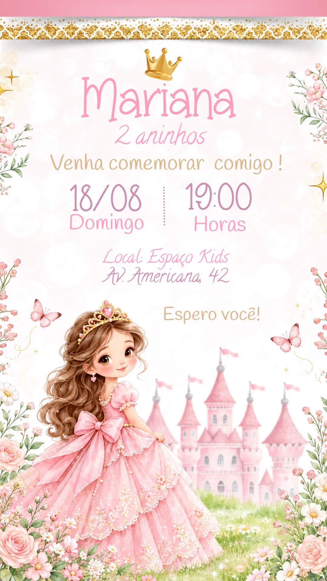 Convite de Aniversário Princesa Aquarela Rosa para Editar Convite de Aniversário Princesa Aquarela Rosa para Editar
