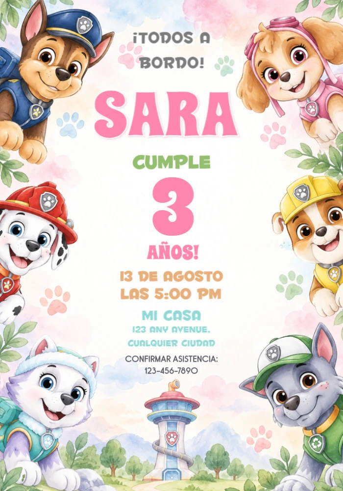 Invitación de Cumpleaños Patrulla Canina acuarela para editar Invitación de Cumpleaños Patrulla Canina acuarela para editar