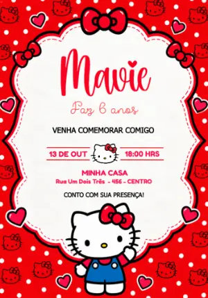 Convite de Aniversário Hello Kitty Fundo Vermelho Editável