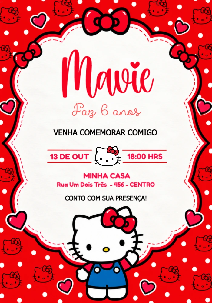 Convite de Aniversário Hello Kitty Fundo Vermelho Editável Convite de Aniversário Hello Kitty Fundo Vermelho Editável
