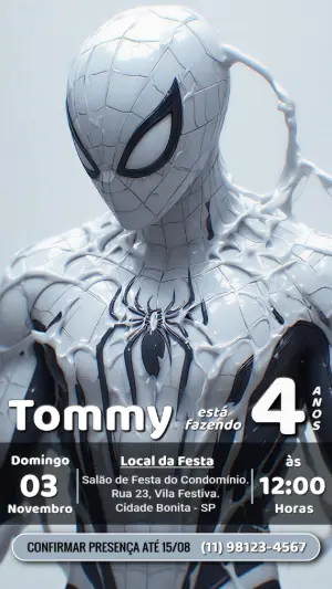 Convite Aniversário Homem-Aranha Branco e Preto Editável