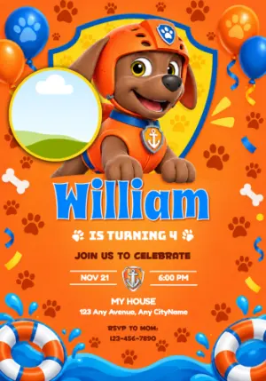 Zuma Paw Patrol Splashy Birthday Invitation with Photo
