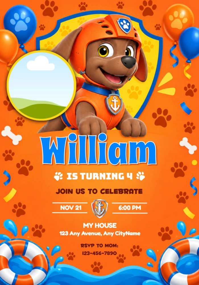 Zuma Paw Patrol Splashy Birthday Invitation with Photo Zuma Paw Patrol Splashy Birthday Invitation with Photo