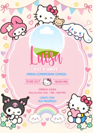 Convite de Aniversário Hello Kitty com Foto para Editar