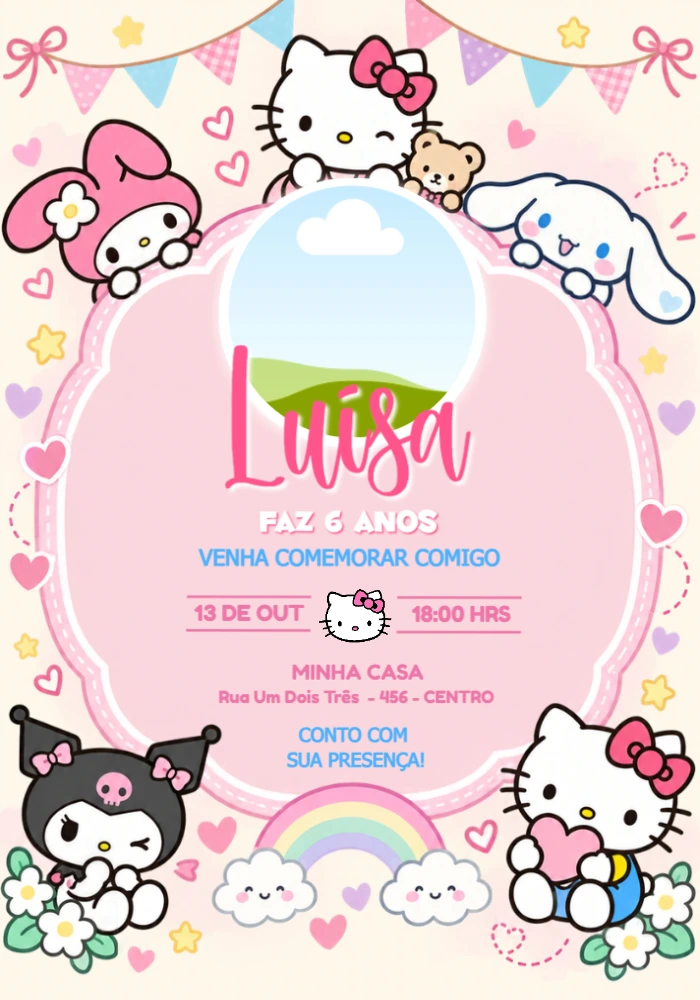 Convite de Aniversário Hello Kitty com Foto para Editar Convite de Aniversário Hello Kitty com Foto para Editar