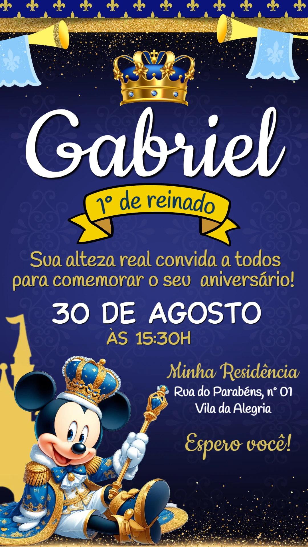 Convite de Aniversário Mickey Realeza para Editar Online Convite de Aniversário Mickey Realeza para Editar Online