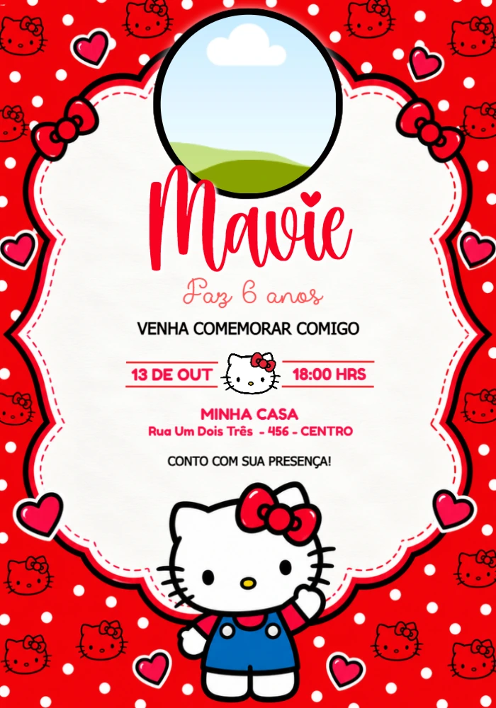 Convite de Aniversário Hello Kitty com Foto Editável Convite de Aniversário Hello Kitty com Foto Editável