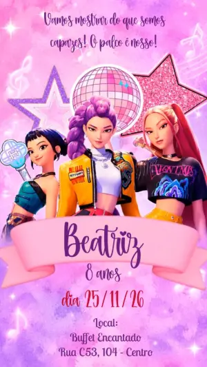 Convite Animado Guerreiras do K-pop Editável para Aniversário